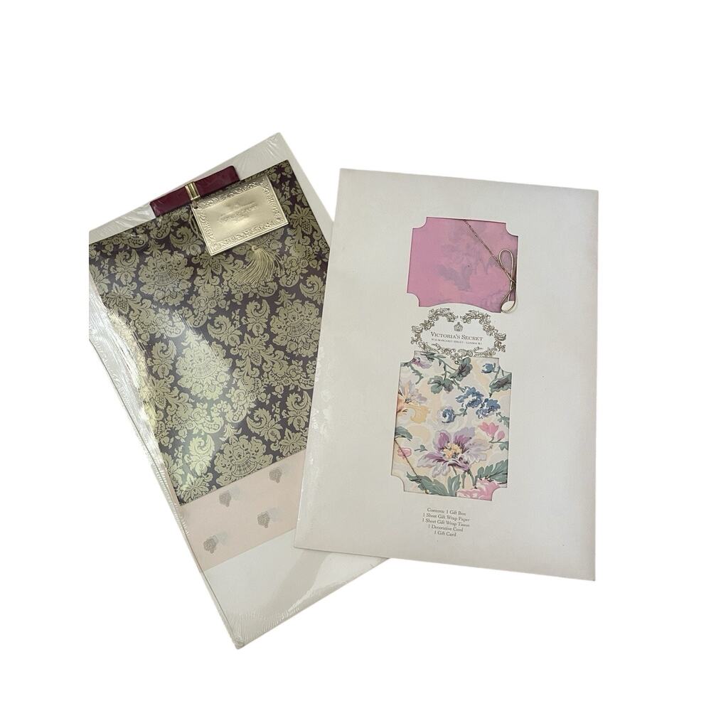 (2) Vintage Victoria’s Secret London Gift Box Wrapping Paper Card Ribbon SET NOS